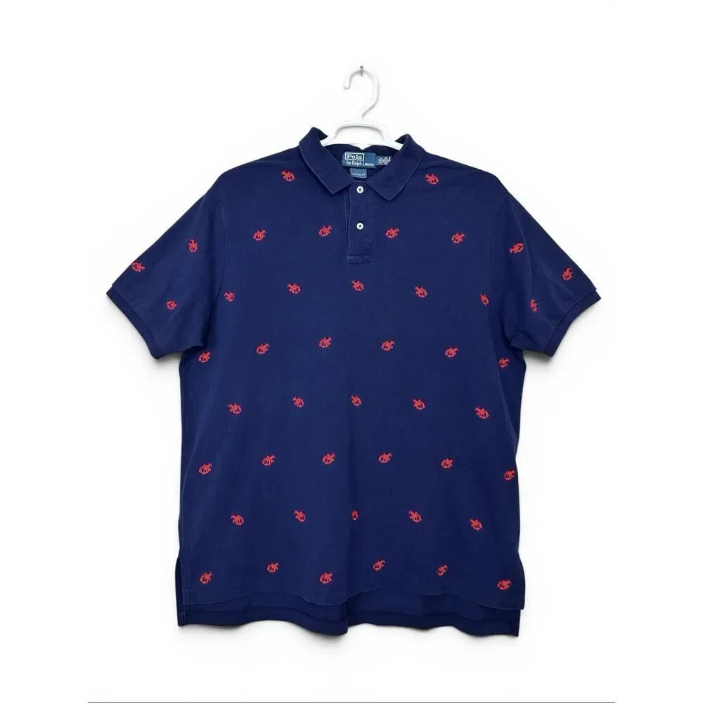 Polo Ralph Lauren Lobster Print Polo Shirt XXL Navy Red Embroidered Preppy